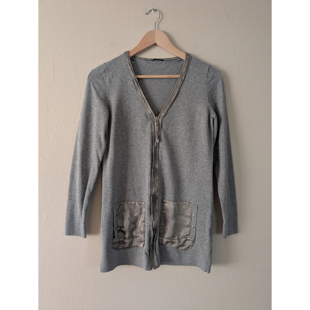 Tahari Jessa Gray Zip Long Sleeve Cardigan Sweater Satin Trim Work Size XS